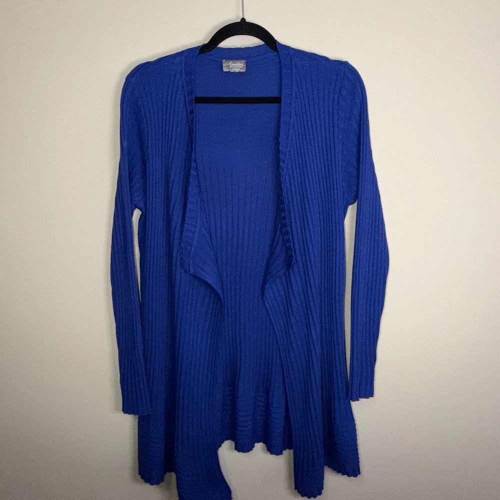 Chicos Travelers Collection Blue Ribbed Open Front Cardigan Sweater Size 1 S/M